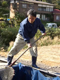Mr. Yoshio Takano (age 60) scoops Koi in front of his house. He has 40-year career in Koi business.